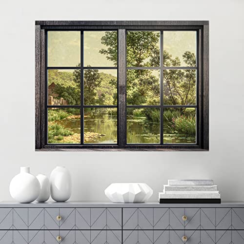 SIGNWIN Removable Wall Sticker/Wall Mural Window View Dark Green Spring Tree Forest Lake Nature Wilderness Fine Art Vintage Decorative Landscape Digital Art for Living Room, Bedroom, Office - 36"x48"