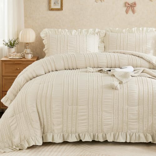 WONGS BEDDING Beige Ruffle Queen Comforter,Boho Shabby Chic Bedding for Queen Bed,Soft Seersucker Farmhouse Bedding Set with 1 Ruffled Comforter,2 Tufted Pillowcases 90"×90" by WONGS BEDDING - Used condition - US$35.12
