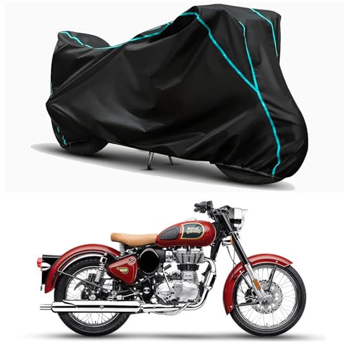 Image of Waterproof Bike Body Cover Compatible for | Royal Enfie Classic 350 Halcyon | Taffeta Fabric, Sky Piping Design, Bottom Elastic Fit | Dustproof, Sun UV & Rain Protection for All Weather.