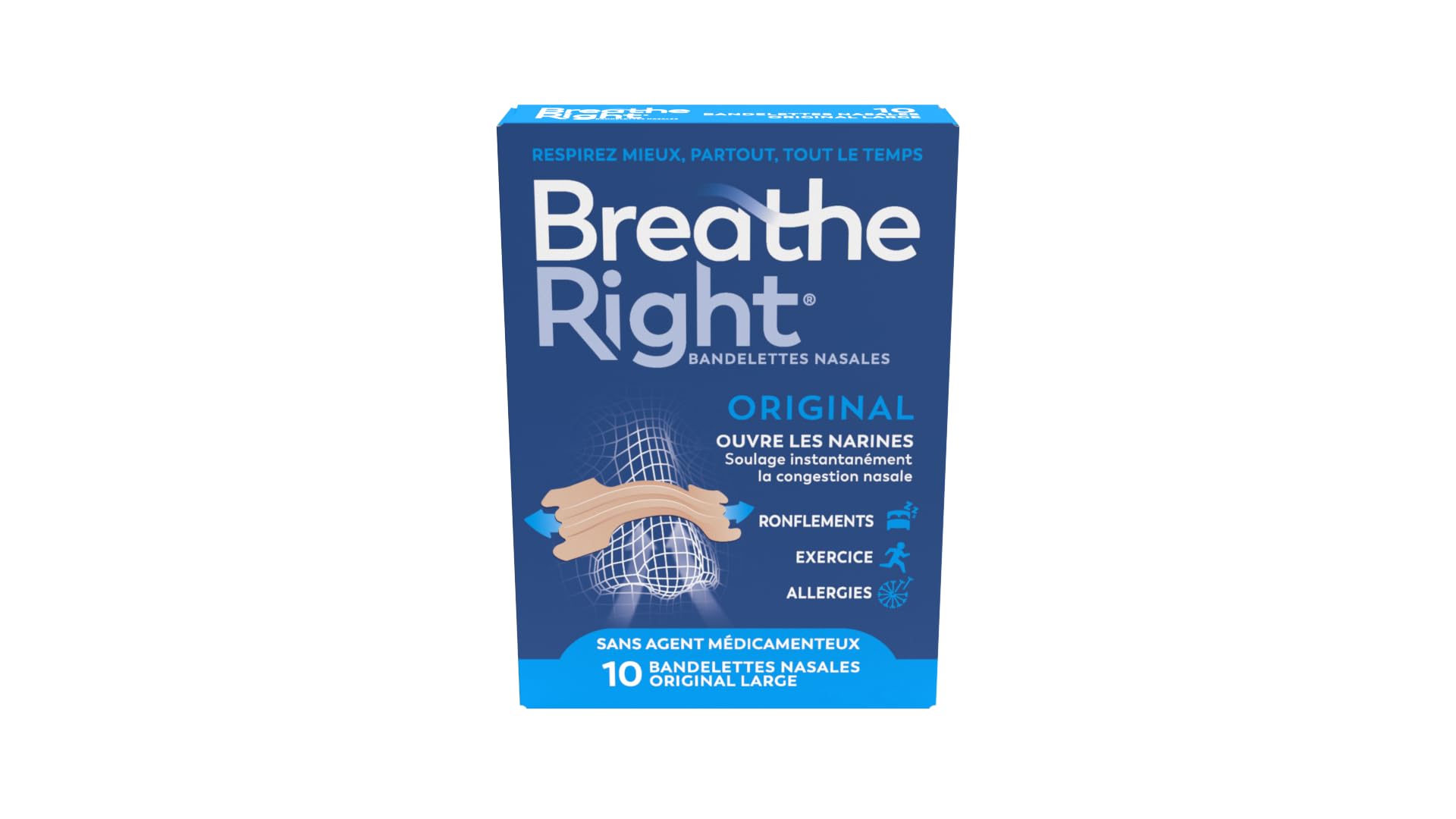 Breathe Right Original - Bandelette nasale - Taille Large - Sommeil : aide à réduire les ronflements - Rhume, allergies, sport : vous aide à mieux respirer - Bandelettes couleur peau, 10 pièces