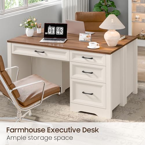 Image of Vabches Farmhouse Executive Desk with Storage and Ample File Drawer, Rustic Large Home Writing Desk for Bedroom, White