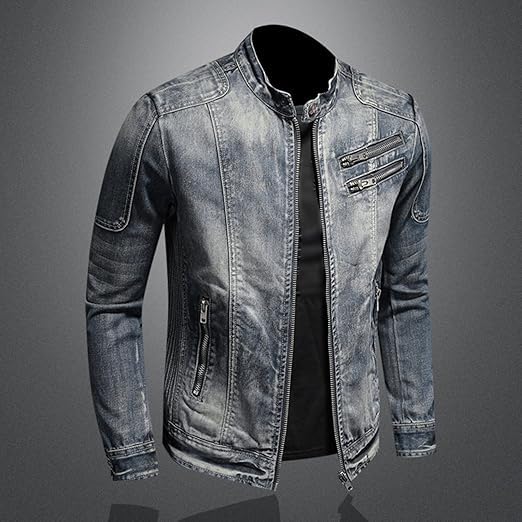 Men's Vintage Stand Collar Denim Jacket Casual Lightweight Distressed Motorcycle Coat Slim Zipper Warm Jean Jacket3