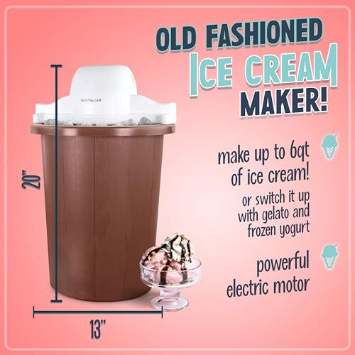 Nostalgia Electric Ice Cream Maker – Parlor Style, Old Fashioned Soft Serve Ice Cream Machine Makes Frozen Yogurt or Gelato in Minutes - Fun Kitchen Appliance – White & Dark Bown - 6 Quart