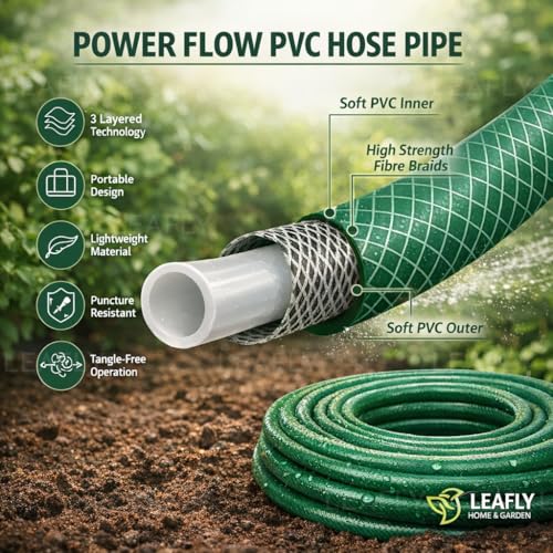 Image of Leafly Heavy Duty Garden Hose | Flexible Expandable Waterpipe with Double Latex Core & Braided Outer Layer | Stainless Metal Spray Nozzle Gun, Tap Connector, 2 Hose Clamps | Leak & Kink Free (20M)