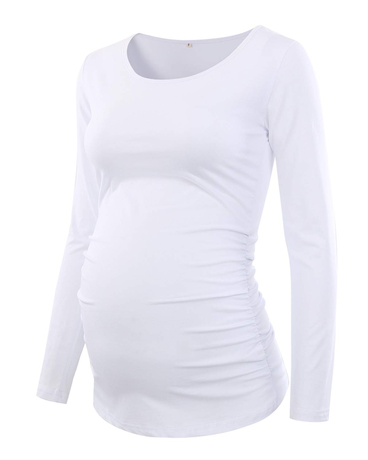 BBHoping Maternity Tops Ruched Maternity Tunic Round Neck Long Sleeve Classic Shirts, White, S