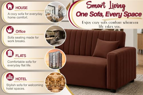 Image of Modern 3 Seater Sofa | Vertical Channel Tufted Backrest & Armrests | Plush Cushioned Seating | Contemporary Upholstered Couch for Living Room, Bedroom & Office - Brown Color