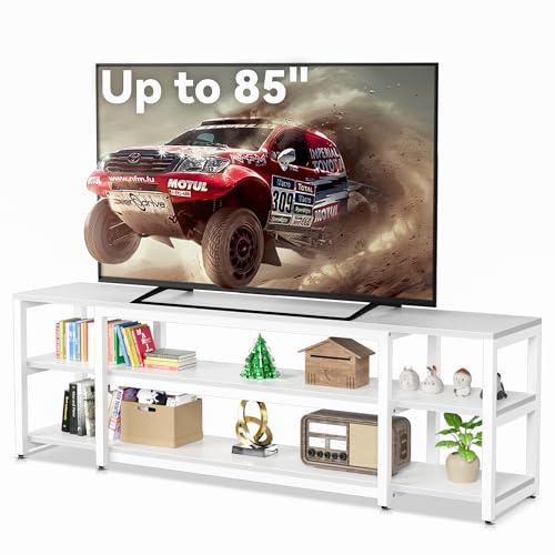 Image of Aquzee White TV Stand for up to 85inch, Entertainment Center for 70 75 80 85 inch TV, 75.2 inch Wide Wood Television Console Table for Living Room Bedroom Gaming Room