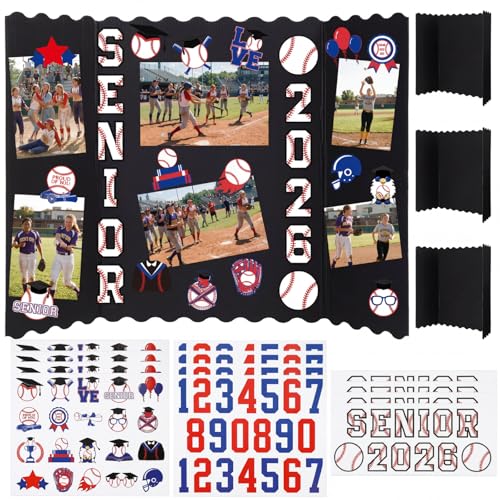 Resurhang 4 Set 24x16 Baseball Senior Night Gifts Senior 2026 Trifold Poster Board Photo Display Board with 12 Sheet Sports Themed Stickers for Graduation Picture Frame Sport Theme Party Supplies