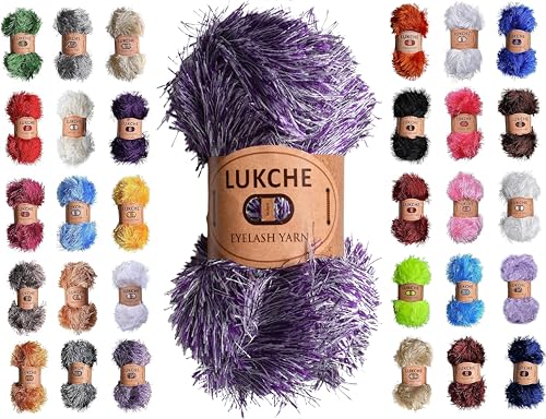 Image of Eyelash Fun Fur Yarn Premium 100% Polyester 164 Yds (150 Mt), 3.53 Oz (100 Gr) Colorful Crochet Yarn Dıy Hand Knitting. (White Purple, 1 Skein)
