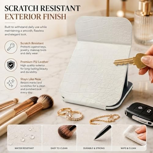 Image of Premium PU Leather Travel Makeup Mirror,Foldable HD Frameless Cosmetic Mirror with Adjustable Stand,Portable Vanity Mirror for Purse,Makeup Touch Up, Stylish Crocodile Pattern 16x11 cm(White)