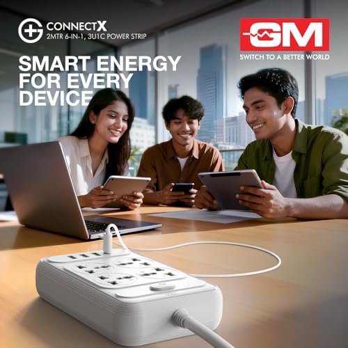 Image of GM G+ ConnectX 6-in-1 Powerstrip with Type-C, 4 Universal Sockets, 3 USB, 2500W, 2M Cable, Master Switch, Surge Protection | Extension Board for Home & Office