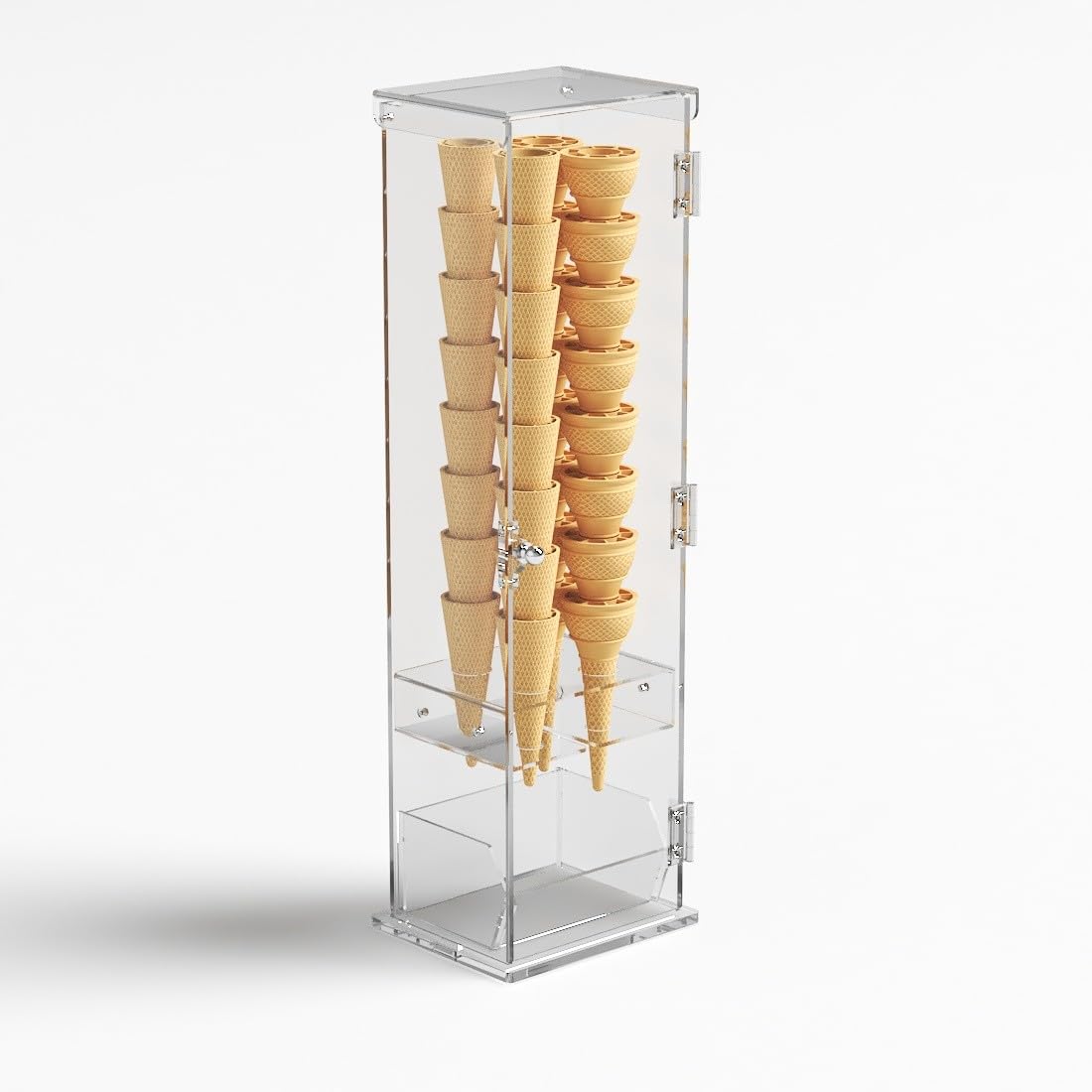 Porta coni gelato in plexiglass trasparente con vaschetta porta cucchiaini e con sportello - Misure: 16 x 13 x H61 cm