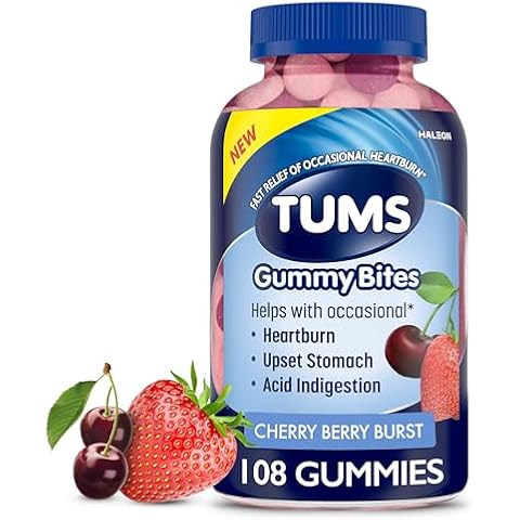 TUMS Gummy Bites Dietary Supplement for Occasional Heartburn Relief, Upset Stomach and Acid Indigestion, Great for a Summer BBQ - Cherry Berry Burst - 108 Count Cover