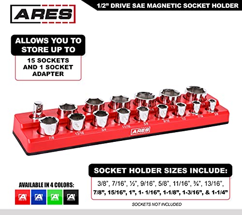 Image of ARES 70236-16-Piece 1 /2-Inch SAE Magnetic Socket Organizer - Holds 15 Sockets and 1 Socket Adapter - Keeps Your Tool Box Organized