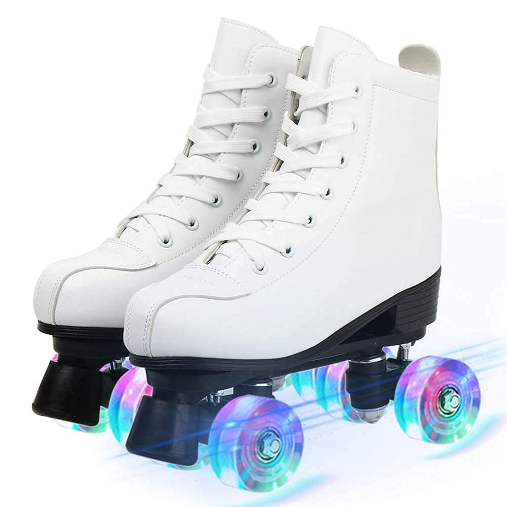 MU Patines de Rodillos para Mujer, Cuero Pus Patines de Rodillo de Alto Nivel de Cuatro Ruedas Patines para Rodillos Brillantes Patines para Niñas Unisex,Blanco,Us 6/37