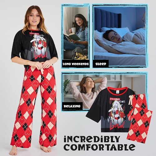 DC Comics Harley Quinn Womens Long Pyjama Set, Soft Breathable Loungewear - Gifts for Women (Black/Red, L) - Image 4