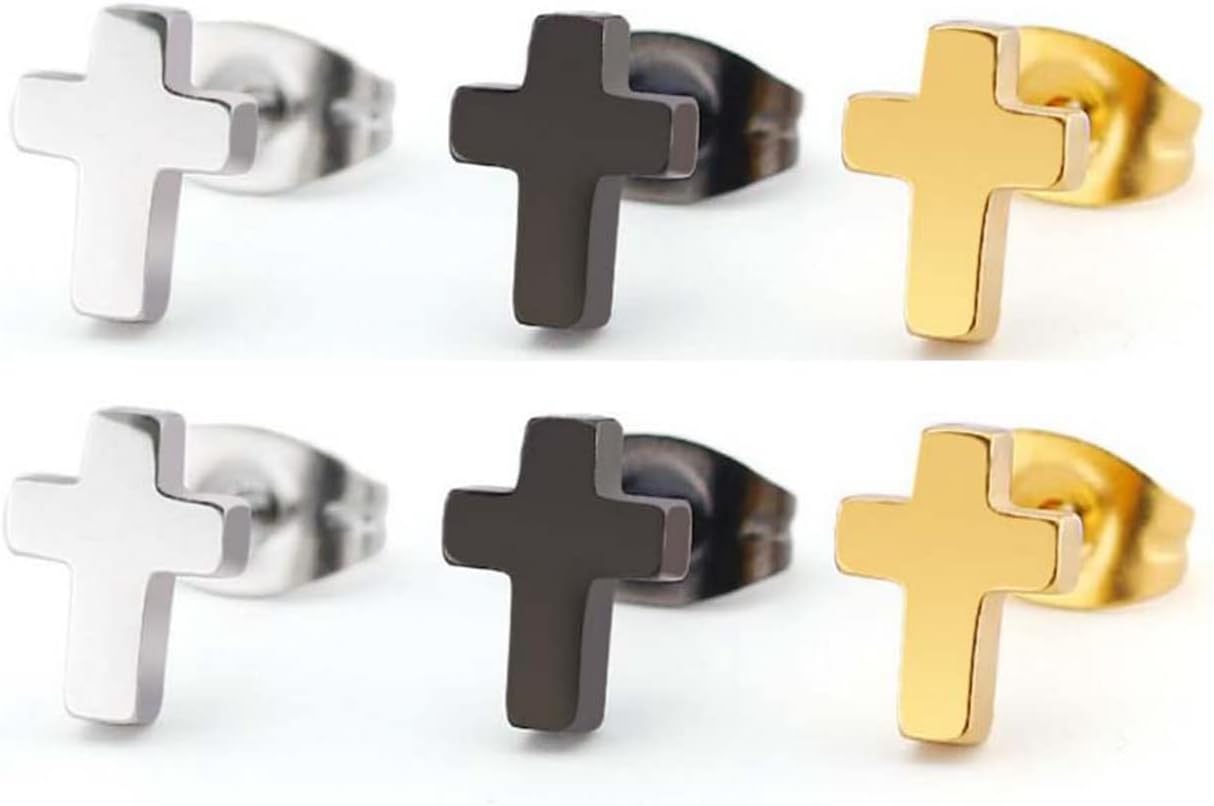 3 Pairs Stainless Steel Mens Cross Stud Earrings Black Silver Gold Cross Stud Earrings - Image 8