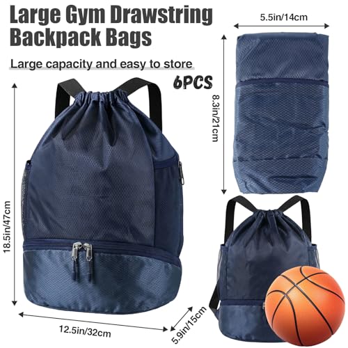 Image of 6 Pcs 6 Pcs Gym Drawstring Backpack Bulk for Men, Grey, Navy Blue | Drawstring Closure, with Shoe Compartment, Wet Proof Pocket, Lightweight, Durable Build, Gym Practice & Game-day Ready
