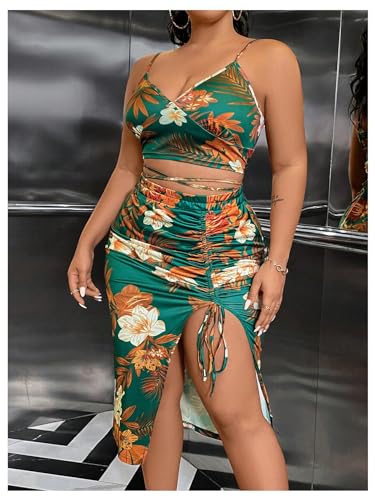 WDIRARA Women's Plus Size 2 Piece Outfits Floral Print V Neck Crisscross Cami Top and Split Thigh Skirt Set3