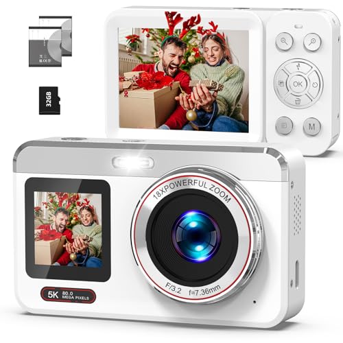 Hoorola Digital Camera, 5K Vlogging Camera for Photography, 80MP Dual Screen Point and Shoot Digital Camera with Auto Focus, 18X Zoom, Flash, 2 Batteries, 32GB Card for Teens and Adults (White)