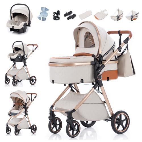Zkiprm 3-in-1 Kinderwagen Reisesystem mit Autositz | Faltbarer Kinderwagenset | Höhenverstellbarer Griff | inkl. Regenschutz, Fußsack, kühlende Einlage, Getränkehalter & mehr | für 0 bis 3 Jahre