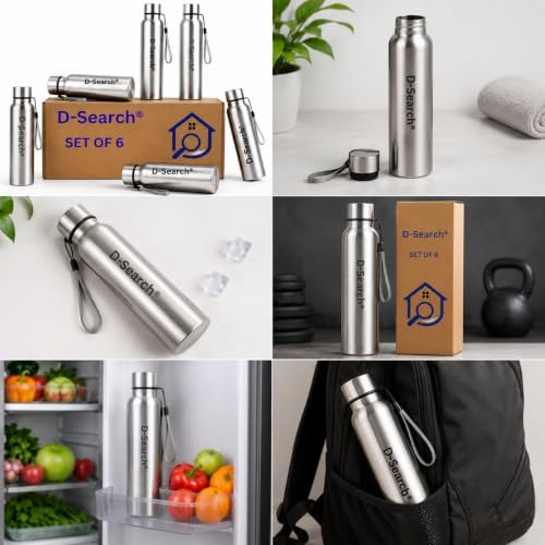 Image of D- Search Stainless Steel Water Bottle 1 litre Pack of 6 | Leakproof Lid fridge Bottle set | Reusable Widemouth | Lightwait School,Office, Sports, Gym, Home,Travel | Silver| Singal wall