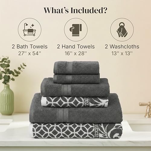 Image of Modern Threads 6 Piece Bath Towel Set - Bathroom Set with 2 Bath Towels, 2 Hand Towels, and 2 Wash Cloths - 100% Cotton, Super Absorbent & Extra Soft - Reversible Botanical Vine (Gray)