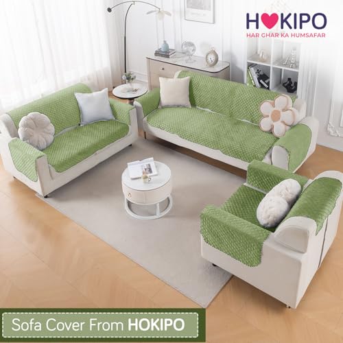 Image of HOKIPO Quilted Sofa Cover 6 Seater Set - Washable 3+2+1 Sofa Panel for Seat & Back | 'Quilt Classic' Green (IN-927+926+925 * 2-GRN)