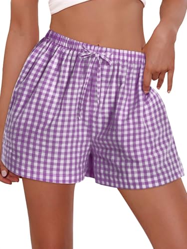 Image of Women Boxer Shorts Gingham Drawstring Pajama Bottom Plaid Pants with Pocket