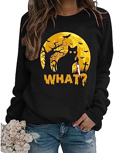 Halloween Black Cat Sweatshirt Women Funny Cat What Shirt Fall Horror Sweaters Long Sleeve Crew Neck Pullover Tops, Black, Large