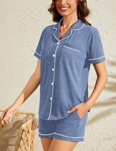 Image of SWOMOG Womens Button Down Pajamas Set Short Sleeve Sleepwear Bride Soft Pj Lounge Sets XS-3XL