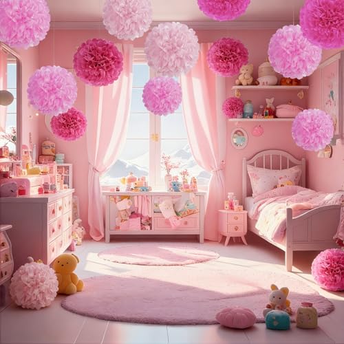 Image of Hot Pink Tissue Pom Poms Paper Flowers Hanging Decorations Pink Flower Ball for Mother's Day Baby Shower Wedding Nursery Birthday Party Backdrop Home Outdoor