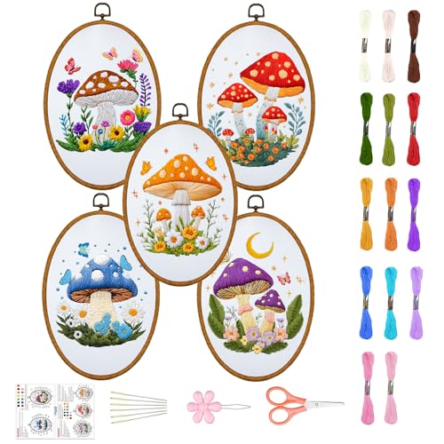 Image of ORIGACH 5 Pack Mushroom Embroidery Kits for Beginners, DIY Stamped Cross Stitch Kit with Mushroom Patterns Hoops Needles Threads and Instructions for Adults Embroidery Craft Lover