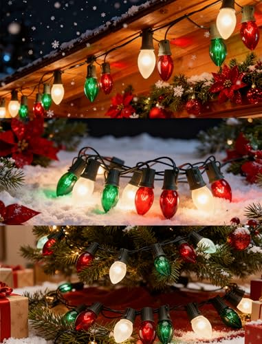 Image of C9 Red White and Green Christmas Lights Outdoor, 25FT Vintage Christmas Tree Light with 26 C9 Clear Multicolor Bulbs, Hanging Outdoor Christmas Lights for Holiday Roofline Patio Garden Party Decor