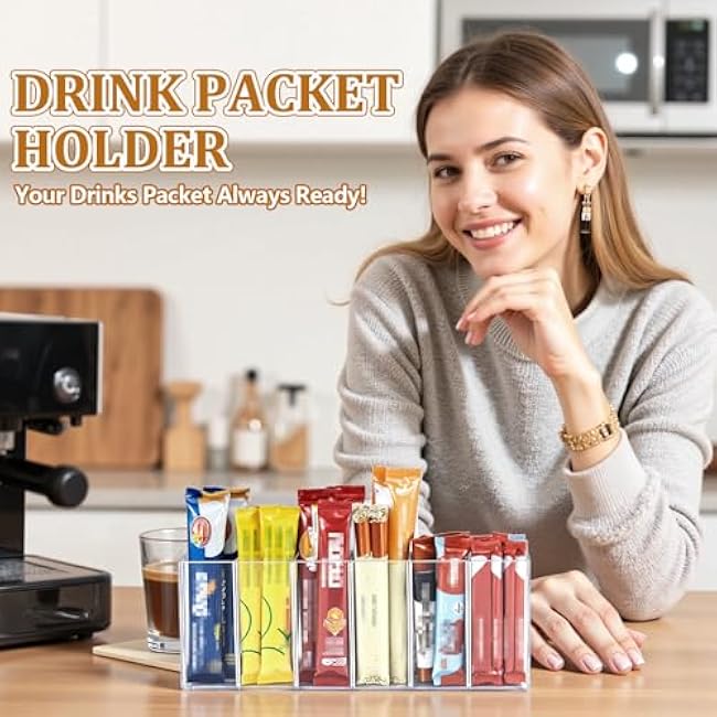 Drink Packet Organizer, Magnetic Water Packet Holder with Removable Divider & 6 Compartment, Clear Acrylic Water Flavor Packet Organization Container for Kitchen Bins Cabinets Organizer