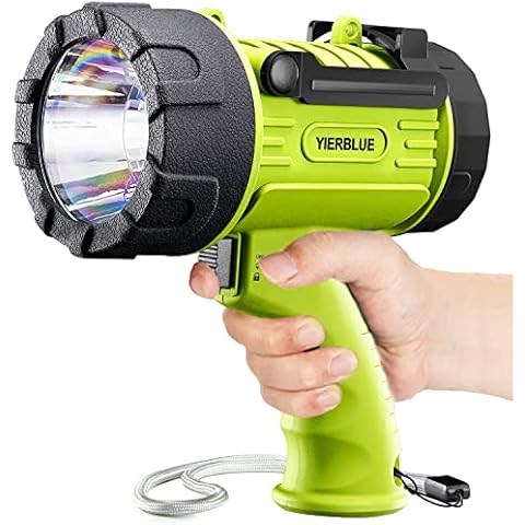 YIERBLUE Rechargeable Spotlight Flashlight with 1000,000 Lumen LED, IP67 Waterproof Long Running Spot Light searchlight, Impact Resistant Handheld Spotlight with Foldable Stand and Detachable Red Lens Cover