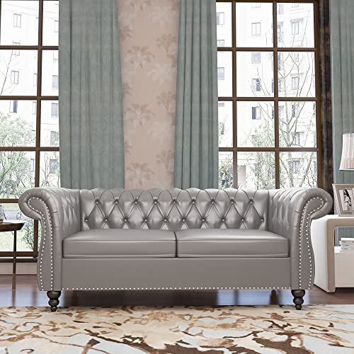 Image of ORRD Chesterfield Loveseat, Modern Leather Sofa Tufted Couch 2 Seater with Rolled Arms and Nailhead for Living Room, Bedroom, Office, Apartment (Grey)