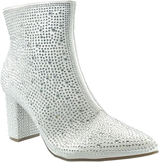Forever Women Rhinestone Block Chunky Heel Ankle Bootie Iceberg 12 shoes White 8.5