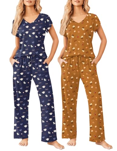 Image of Ekouaer 2 Pack Womens Pajamas Short Sleeve Sleepwear Top with Pants Super-Soft Printed Lounge Sets S-XXL