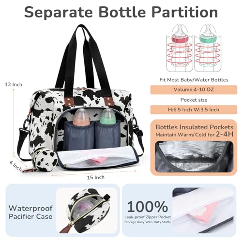 Image of Tenot Diaper Bag Tote with Pacifier Case, Baby Bag for Women with Shoulder Straps, Travel Diaper Tote for for Mom and Dad Medium Size, Cow Print