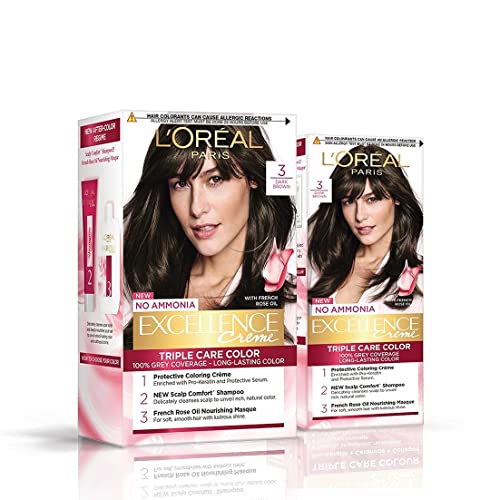 Image of L'Oreal Paris Hair Colour, Radiant At-Home Hair Colour with up to 100% Grey Coverage, Excellence Creme, 3 Darkest Brown, Pack Of 2 , 100g +72 ml, 25g + 25 ml