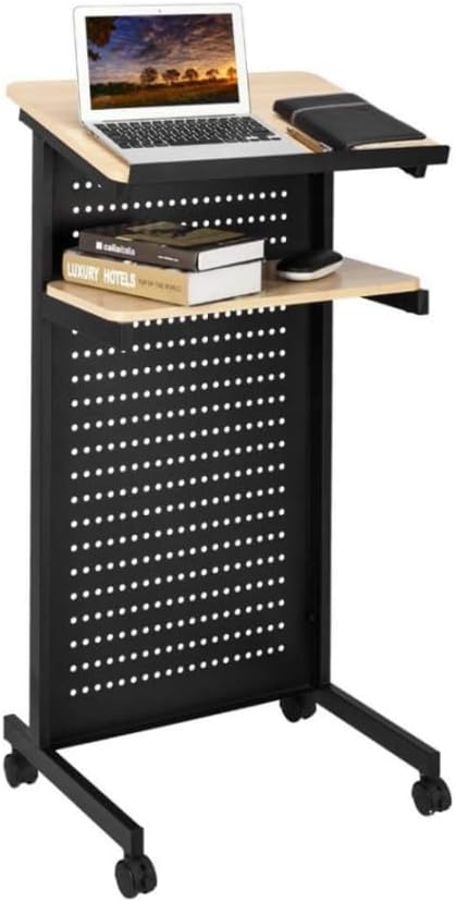 Bonnlo Podium Stand with Wheels, Height Adjustable Lectern with Storage Shelf, Portable Pulpits with Edge Stopper for Church, Classroom, Lecture Speech Teach Platform