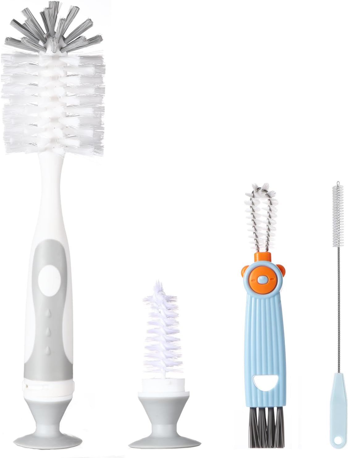 Ariseno 4-in-1 Baby Bottle Brush Set - Including Brushes for Bottles, Straws, Caps, & Nipples - BPA-Free (Grey)