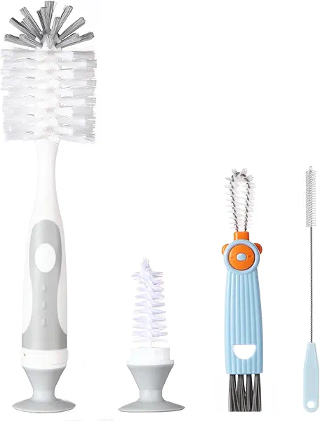 Ariseno 4-in-1 Baby Bottle Brush Set - Including Brushes for Bottles, Straws, Caps, & Nipples - BPA-Free (Grey)