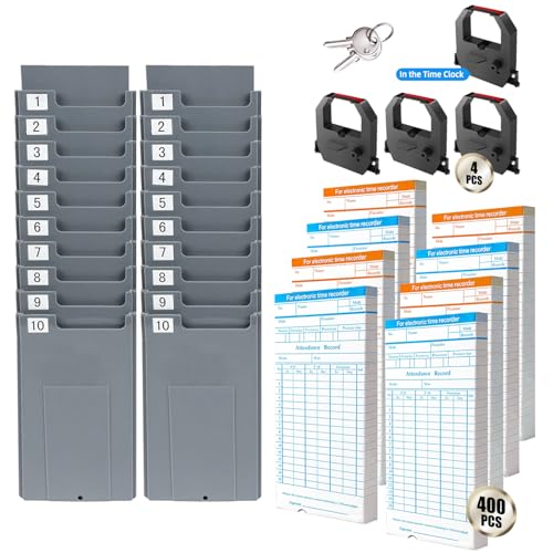 Image of TooCust Time Clock Bundle with 400 Time Cards, 4 Ink Ribbons, 2 Ten-Slot Time Card Racks, & 2 Security Keys, Auto-Align Time Clocks for Employees Small Business