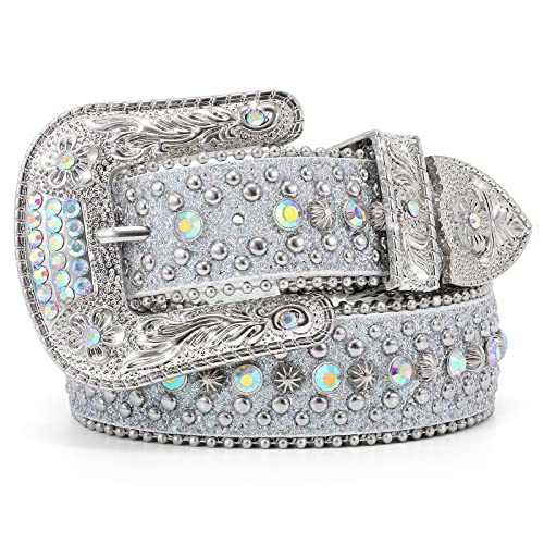 WERFORU Men Women Rhinestone Studded Western Leather Belt Western Cowboy Cowgirl Unisex Waist Belt with Rhinestone Buckle
