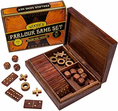 Brybelly Vintage Wooden 3-in-1 Parlour Game Set | 28 Dominoes, 9 Tic-Tac-Toe Tokens, & 10 Wooden Dice | Includes Engraved Travel Display Chest | Play 3 Classic Board Games