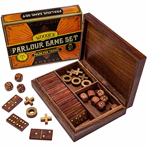 Brybelly Vintage Wooden 3-In-1 Parlour Game Set | 28 Dominoes, 9 Tic-Tac-Toe Tokens, & 10 Wooden Dice | Includes Engraved Travel Display Chest | Play 3 Classic Board Games #TOP22