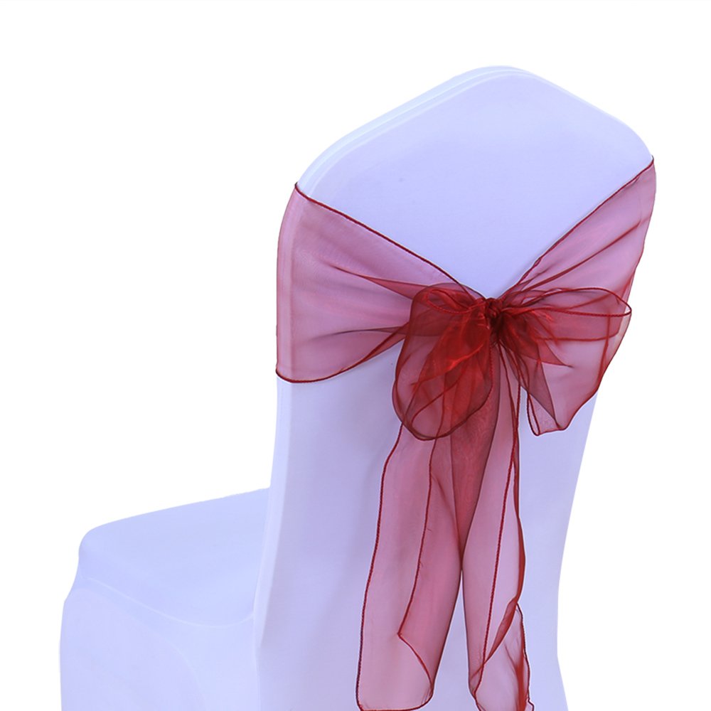SINSSOWL 25 cintas de organza, funda de silla, lazos para bodas, decoración de ceremonia, fiesta de evento, cumpleaños, 17 x 275 cm, 22 colores (no incluye fundas de silla)-Borgoña