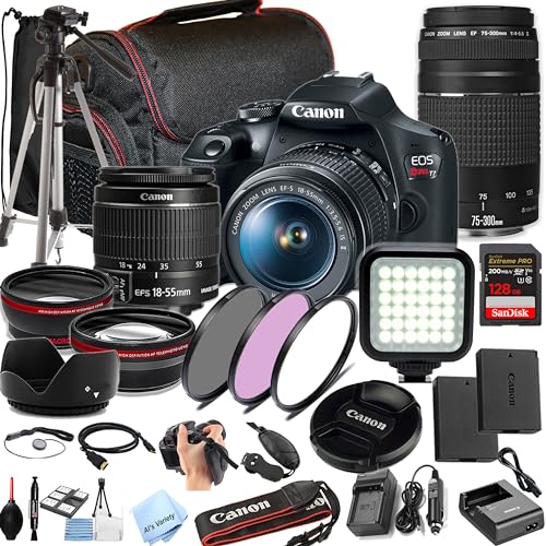 Canon EOS Rebel T7 Camera Bundle W/ 18-55mm, 75-300mm Lenses with 128GB Extreme Speed Card, LED Video Light, Camera Case, Tripod,Spare Battery, Filter Kit, and More (Essential DSLR Kit) (Renewed)
